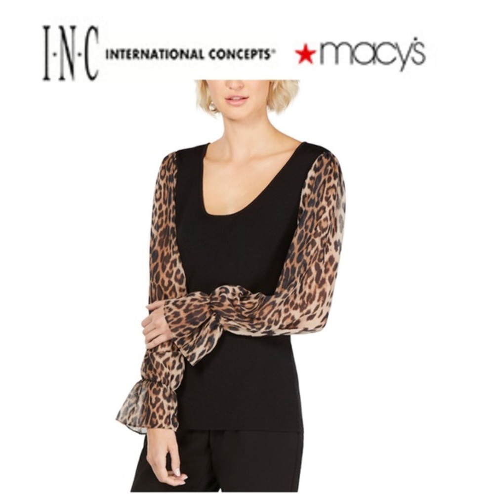 INC International Concepts Blouse Leopard-Sleeve
